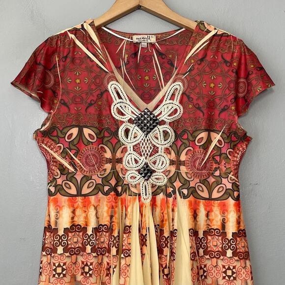 One World Sz Small Y2K Hippie Boho Fairy Sublimation Babydoll Tunic Top Mori Kei - Picture 3 of 12